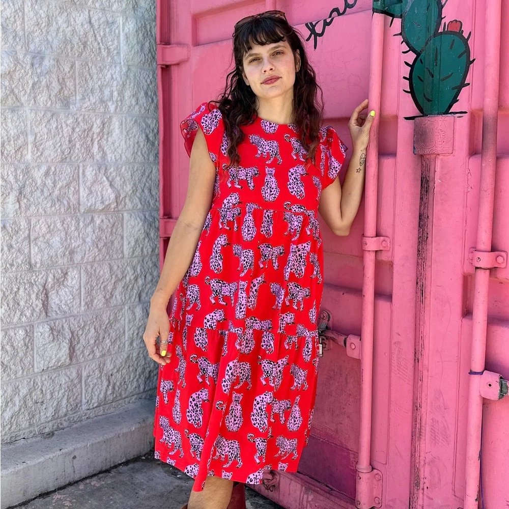 Nooworks Red and White Leopard Print Midi Dress